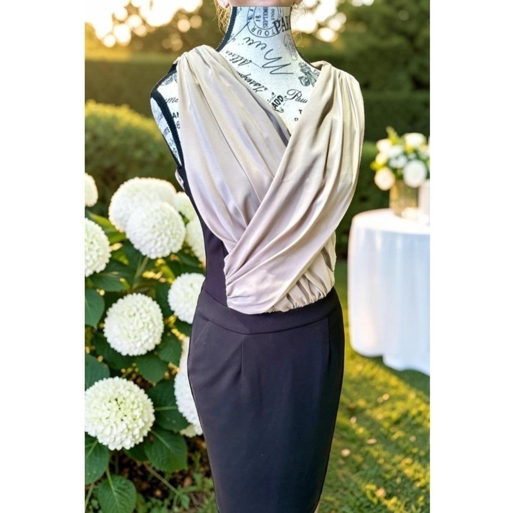 NWT Anthropologie THML Mini Dress Beige Black  XSmall Colorblock Wrap V Neck